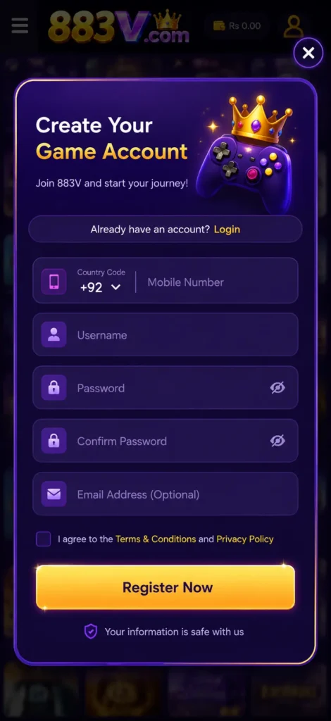 883V Game account registration screen for Android users