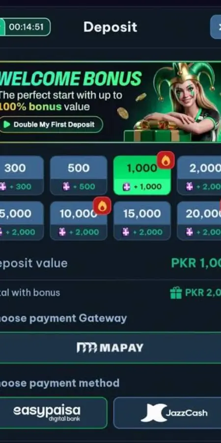 Play4tune deposit screen showing Easypaisa, JazzCash, and MAPAY payment options with a welcome bonus.
