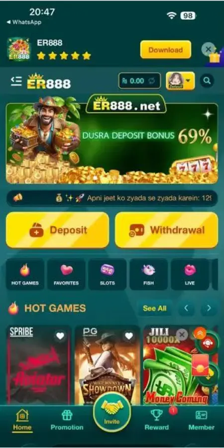 ER888 Game app home screen showing dashboard, deposit, withdrawal, and game categories.
