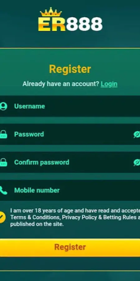 ER888 Game registration screen with username, password, and mobile number fields.