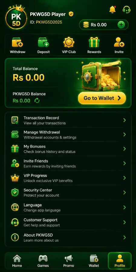 PKWG5D Game profile dashboard showing wallet balance, withdraw, deposit, rewards, VIP options, and account settings.