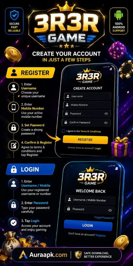3R3R Game register and login guide for Android users on Auraapk.com
