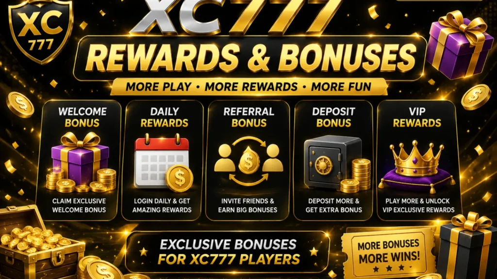 XC777 Game rewards and bonuses banner with welcome bonus and VIP rewards