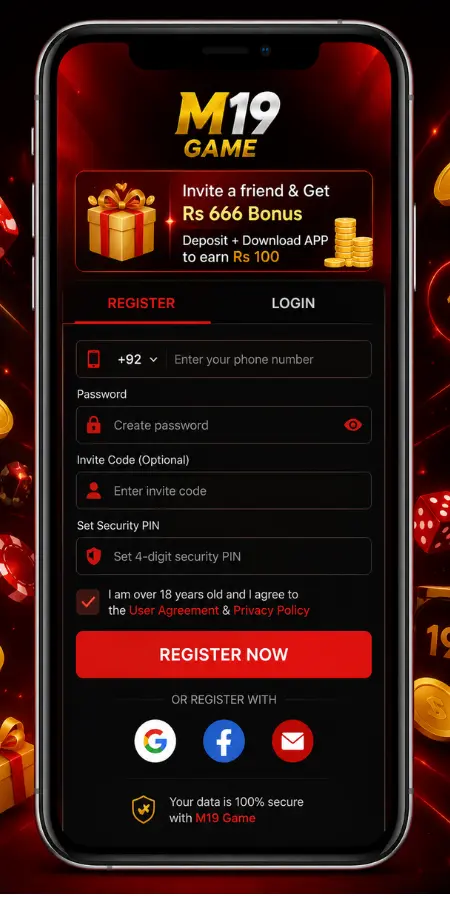 M19 Game register and login screen for Android APK