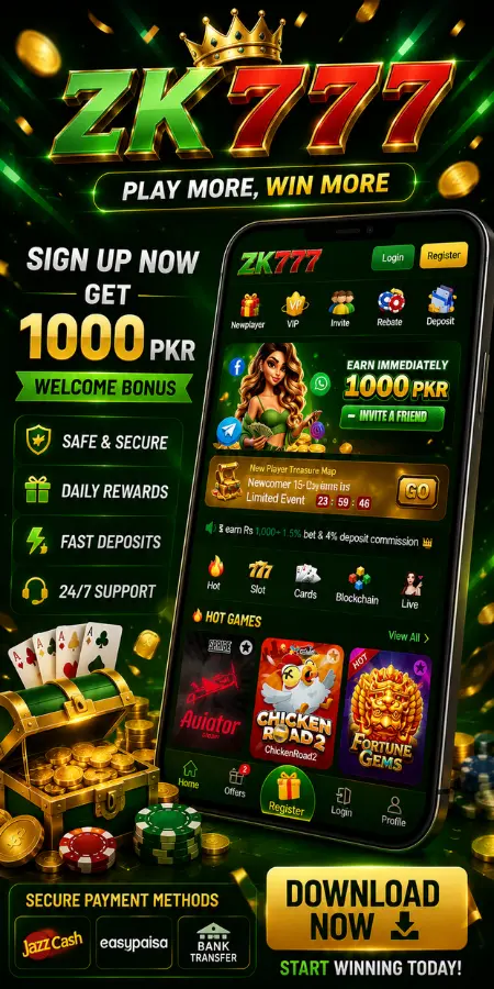 ZK777 Game welcome bonus banner for Pakistan | Auraapk.com