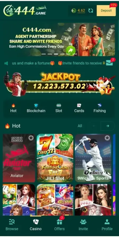 C444 Game home screen showing casino games and jackpot section