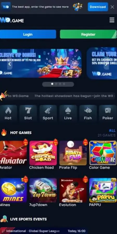 W9 Game APK Home Screen with Hot Games and Wallet Dashboard