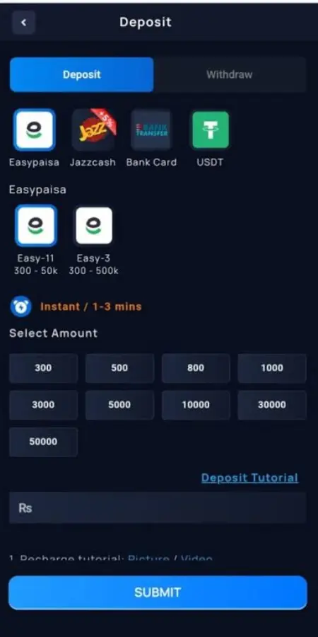W9 Game APK Deposit Page with Secure Payment Options