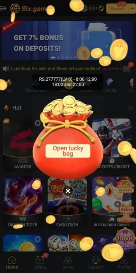 Six Games app lucky bag bonus screen