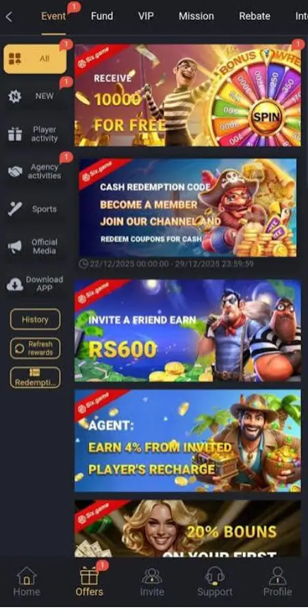 Six Games offers and rewards page