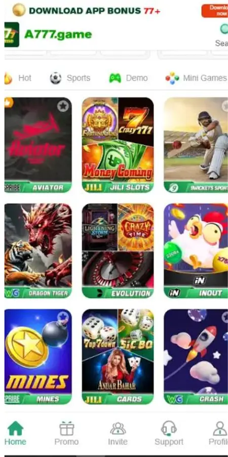 A777 Game app home screen with game categories