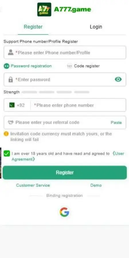 A777 Game registration page