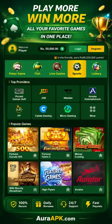 Gaming platform banner with casino games and AuraAPK branding