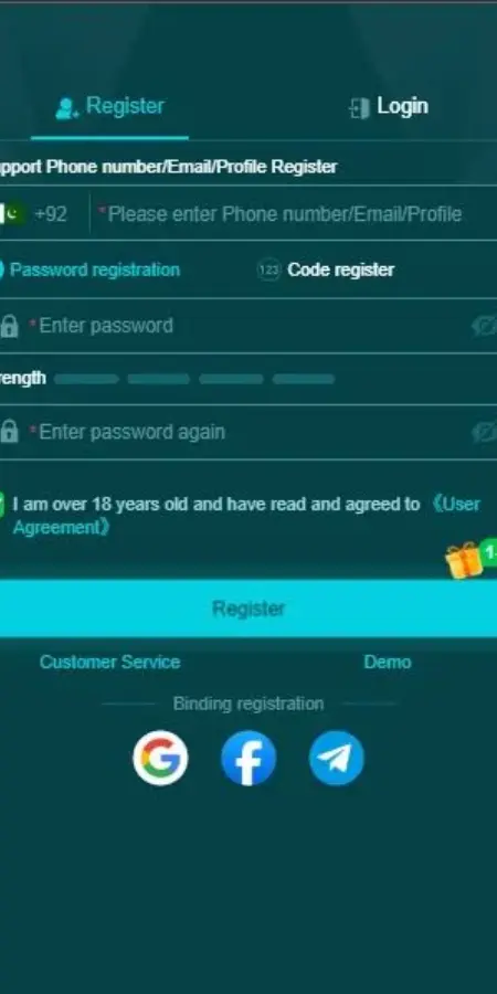 HH98 Game registration page with phone number, password, and social login options
