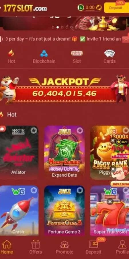 177Slot Game home screen showing jackpot, Aviator, Piggy Bank, and Fortune Gems games