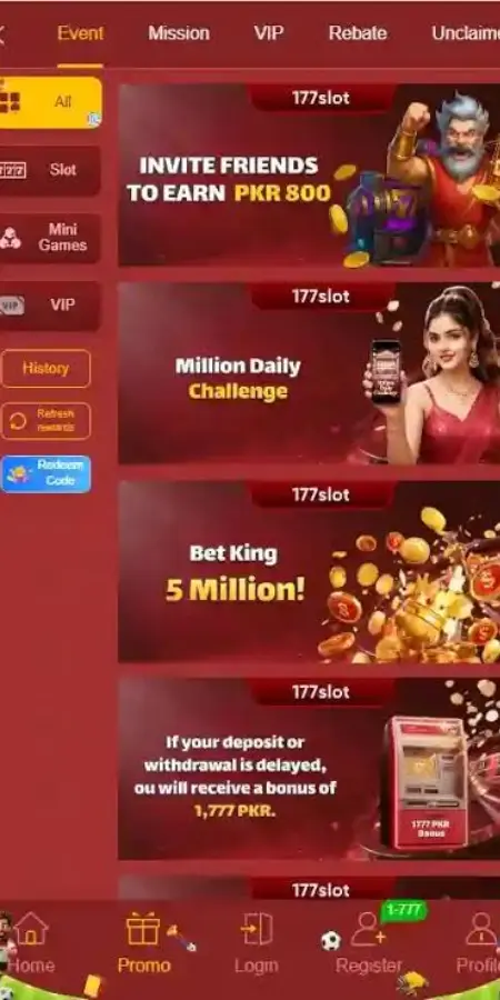 177Slot Game promo page showing invite rewards, daily challenge, and bonus offers