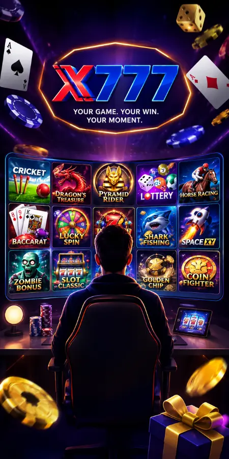 X777 Game APK Download 2026 HD banner showing online gaming platform with casino-style game icons