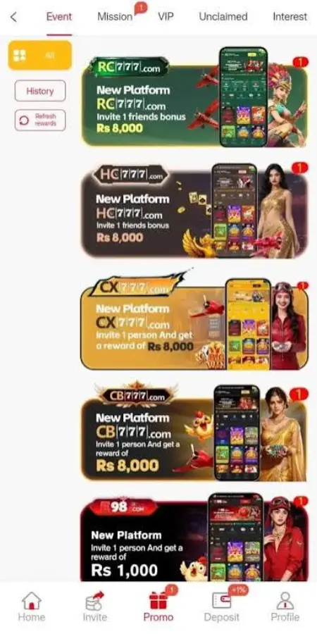 X777 Game app interface showing promotional offers and event section