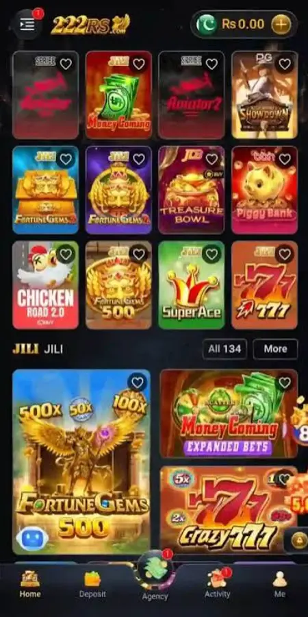 222RS Game home screen with game categories and dashboard