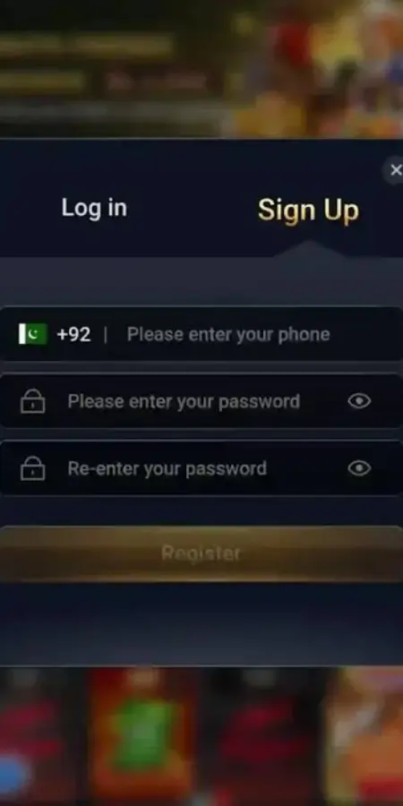 222RS Game registration and login screen on Android