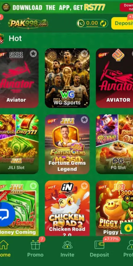 PAK998 Game APK home screen with casino games Pakistan 2026
