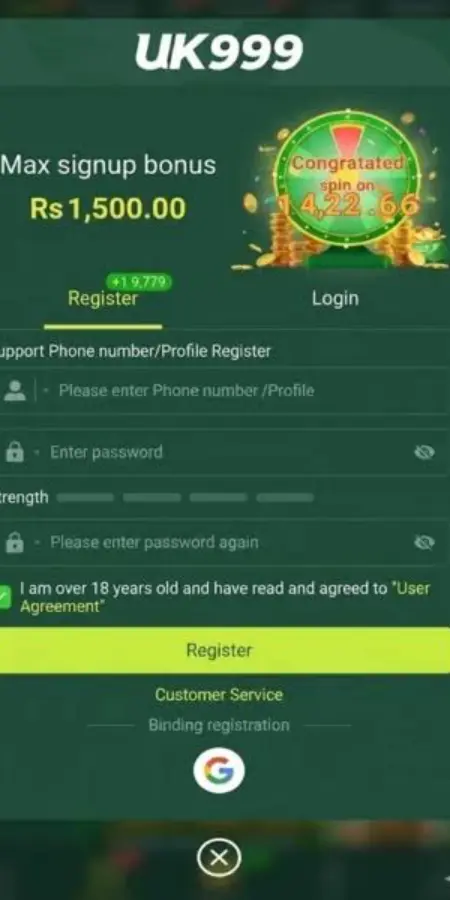 UK999 Game registration screen with signup form and welcome bonus