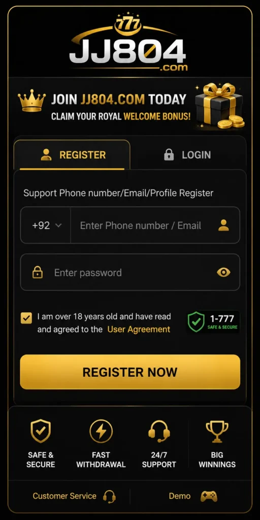 JJ804 Game registration page with secure account signup