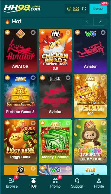 HH98 Game interface showing colorful game icons and easy navigation