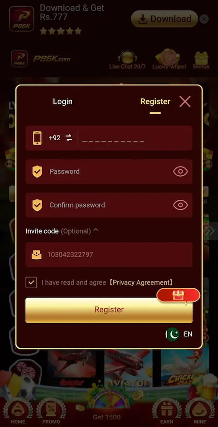 P86K Game register and login page