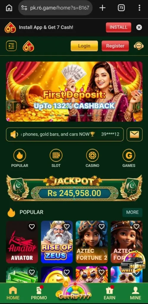 6R Game home screen showing login, register, jackpot, and popular game categories on Android