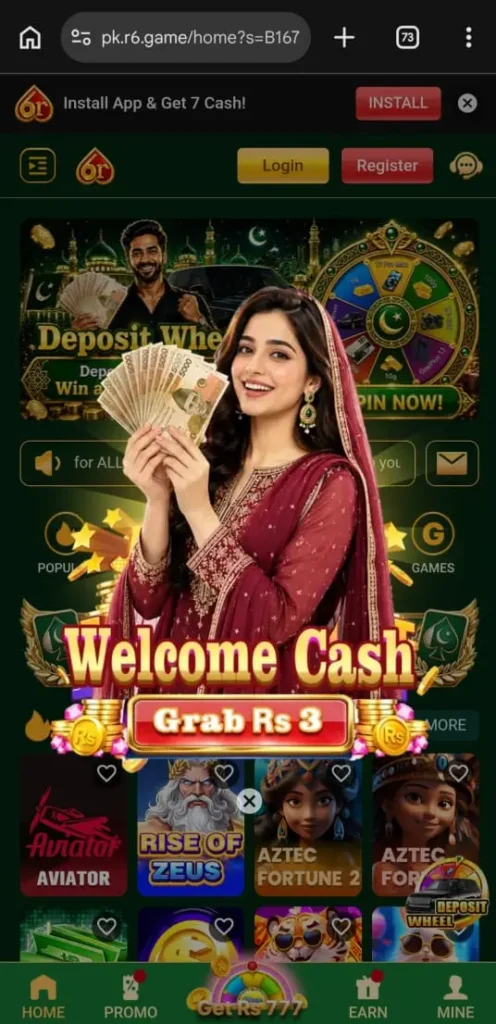 6R Game welcome bonus screen showing cash reward offer and popular games on Android