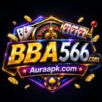 BBA566 Game logo featuring a 777 slot machine, roulette wheel, poker cards, gold coins, and Auraapk.com branding.